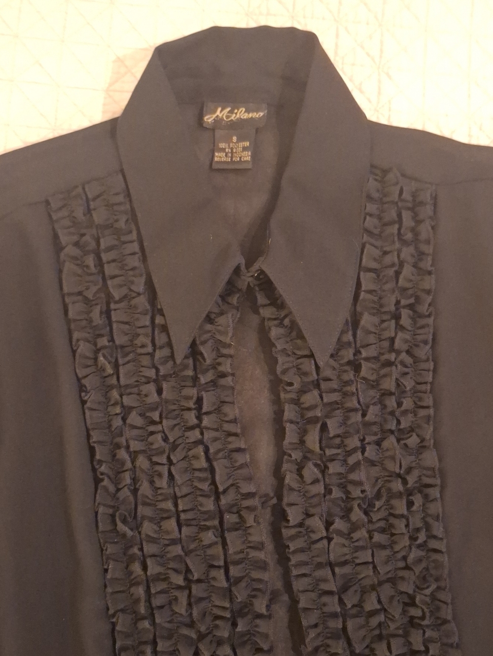 Vintage 1970's Milano Black sheer ruffled front, tuxedo style blouse